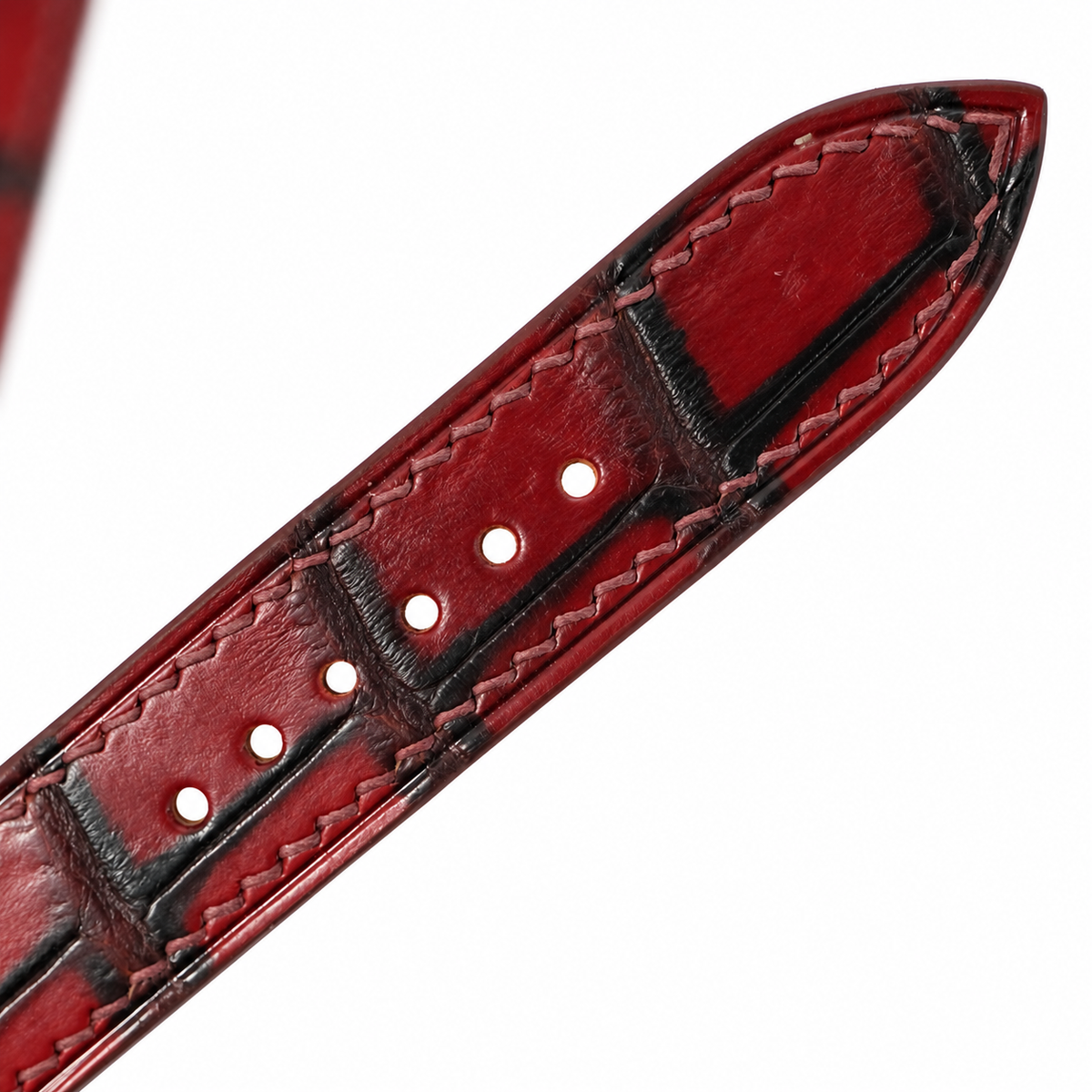 Burgundy Oxblood Patina Alligator Leather Watch Strap - tapered tip and adjustment holes detail