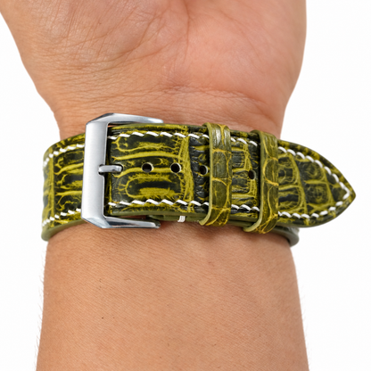 Olive Black Patina Alligator Leather Watch Strap - underside and lining detail