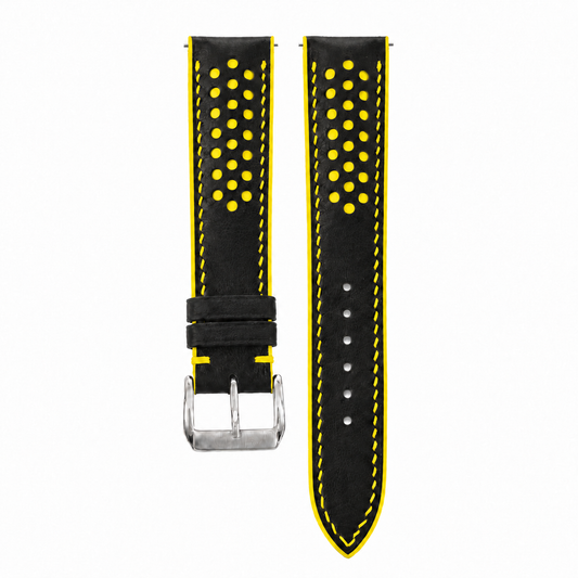 Black and Yellow Racing Holes Rally Swift Leather Watch Strap - hero