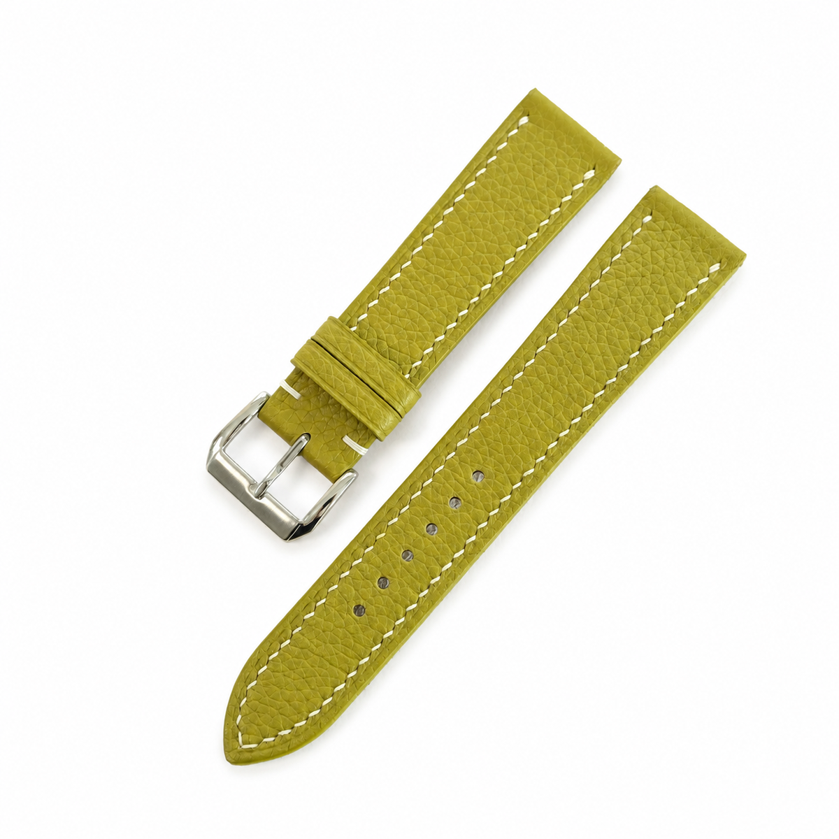 Olive green Togo watch strap, both halves with cream contrast stitching