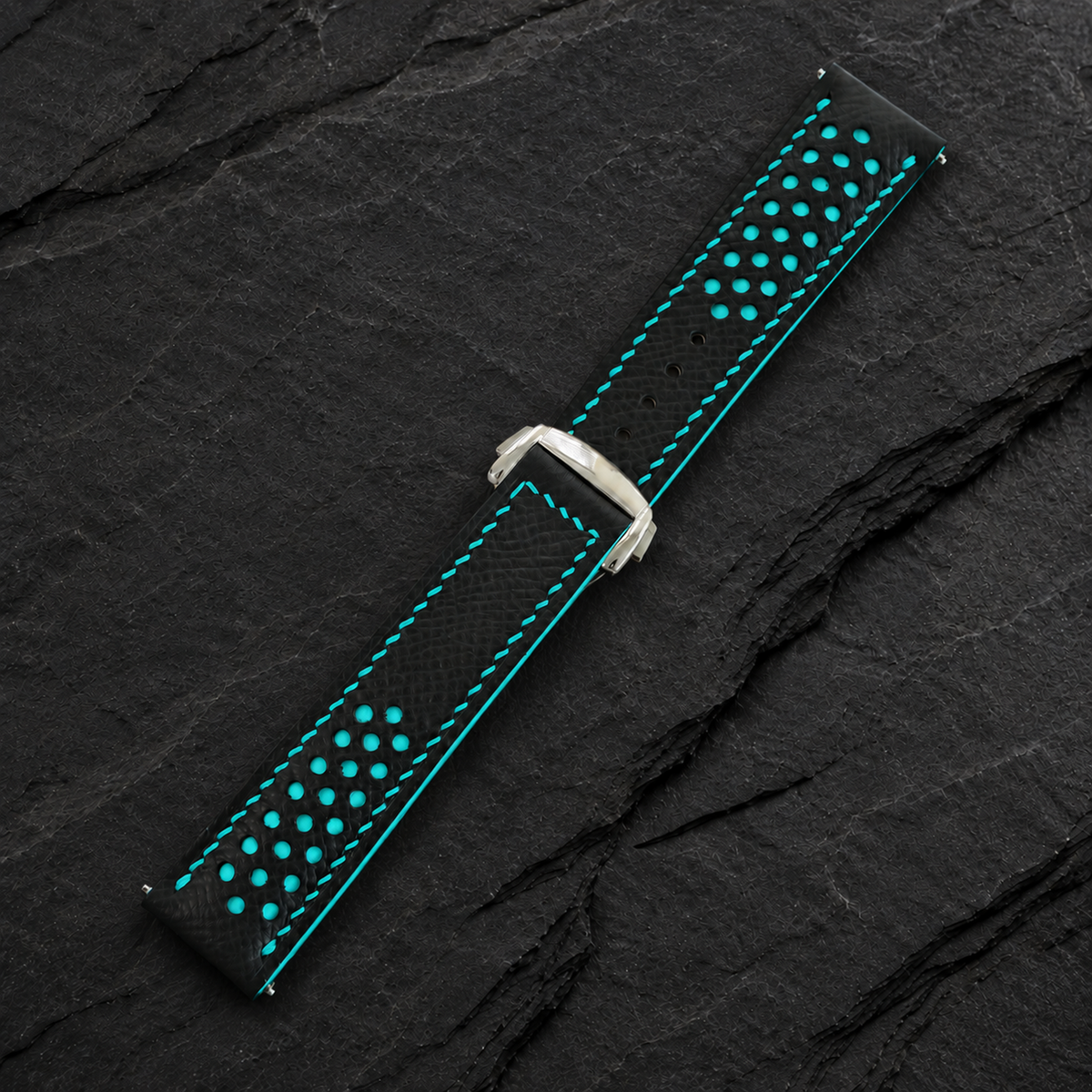 Deployant Black Turquoise Racing Rally Epsom Leather Watch Strap - black Epsom grain on slate