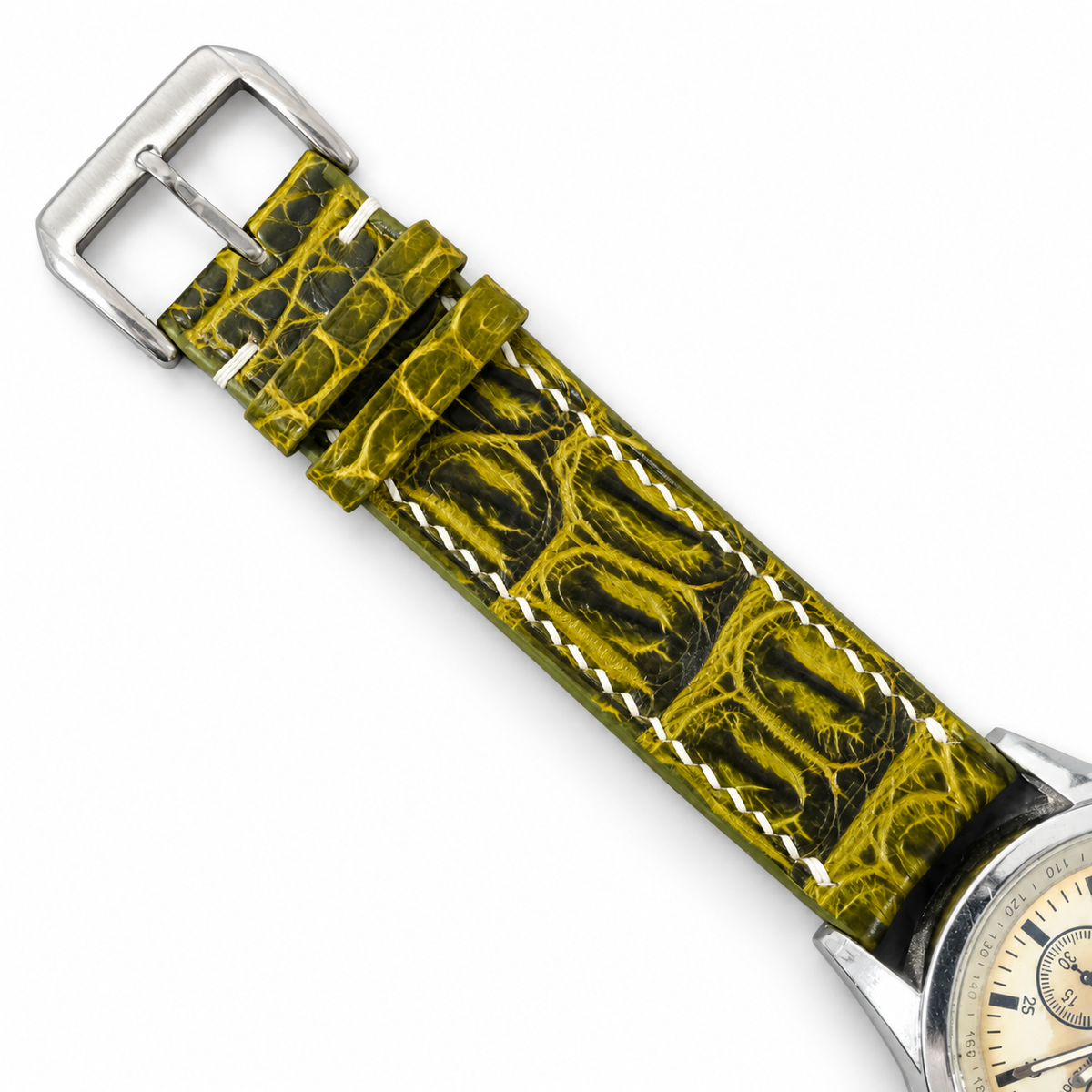 Olive Black Patina Alligator Leather Watch Strap - topside scale macro