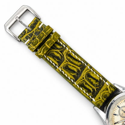 Olive Black Patina Alligator Leather Watch Strap - topside scale macro