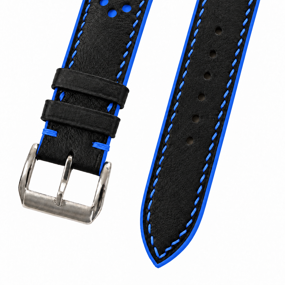 Black and Blue Racing Holes Rally Swift Leather Watch Strap - two piece diagonal
