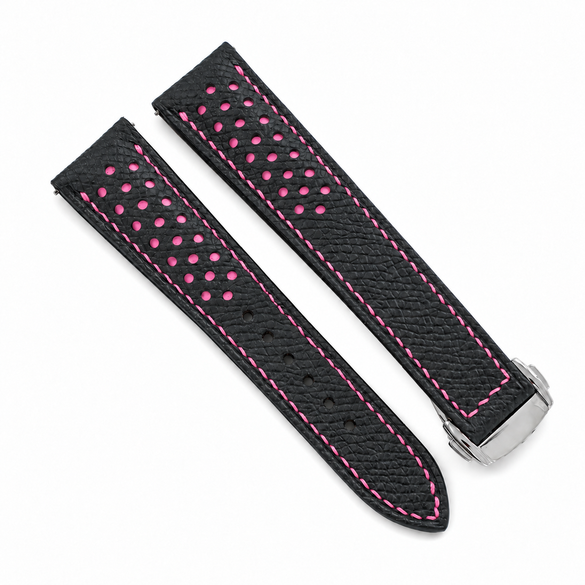 Deployant Racing Rally Black and Pink Epsom Leather Watch Strap - side profile pink stitch