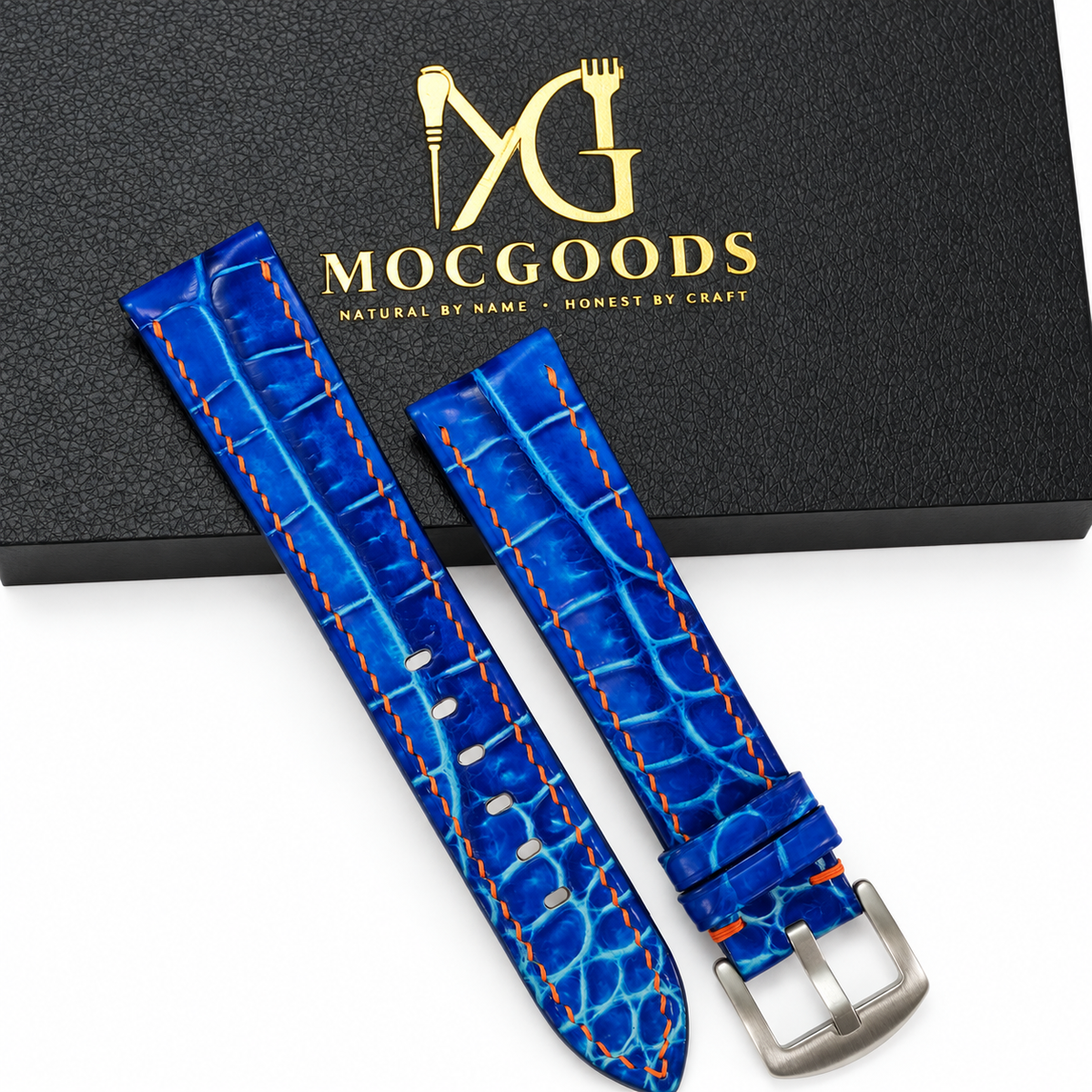 Cobalt Blue Patina Alligator Leather Watch Strap - with Moc Goods box