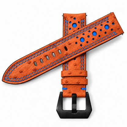 Orange and Blue Ostrich Racing Large Holes Leather Watch Strap - Double Stitch - detail 5