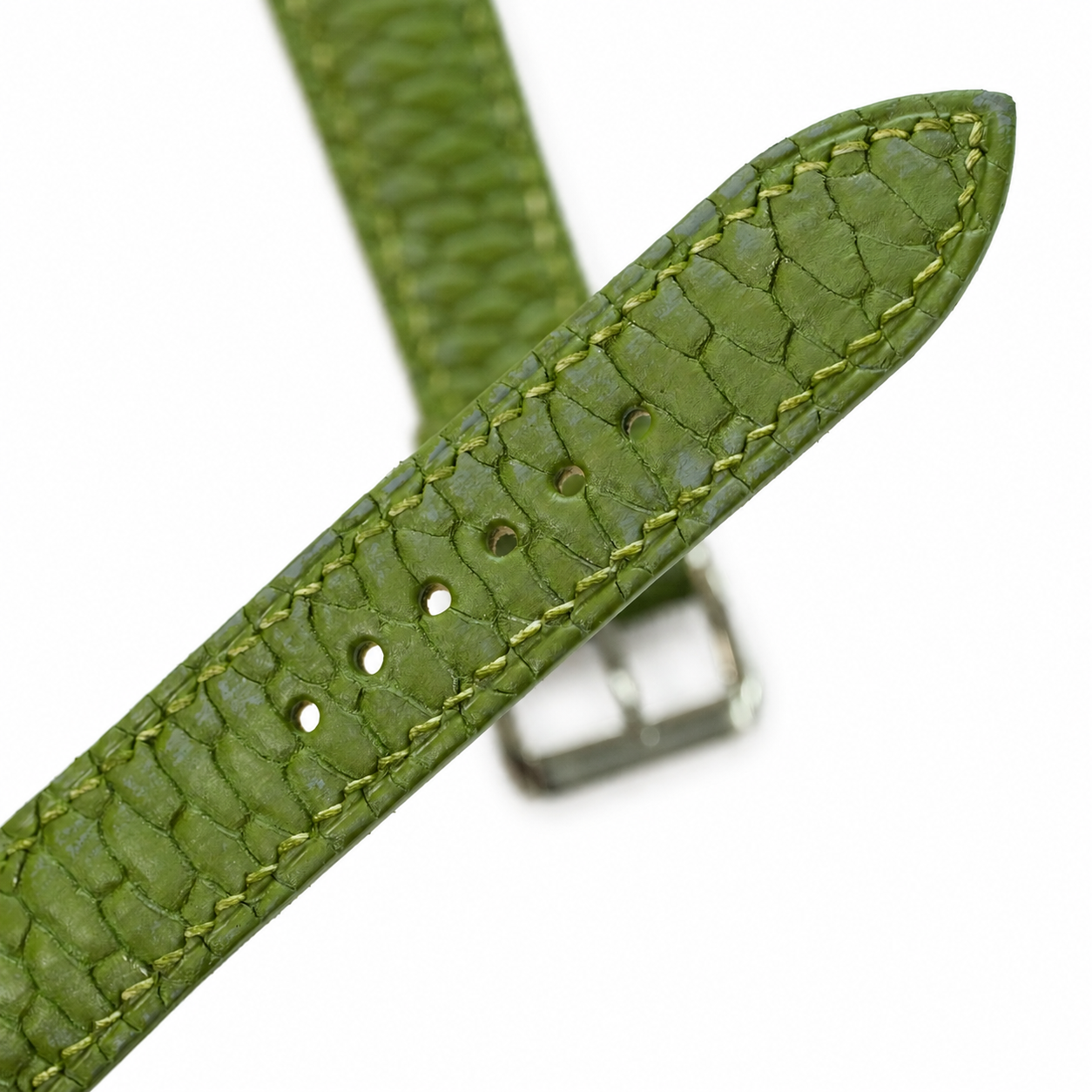 Olive green beaver tail watch strap, buckle-end tip with tone-on-tone stitching