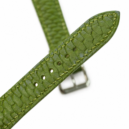Olive green beaver tail watch strap, buckle-end tip with tone-on-tone stitching