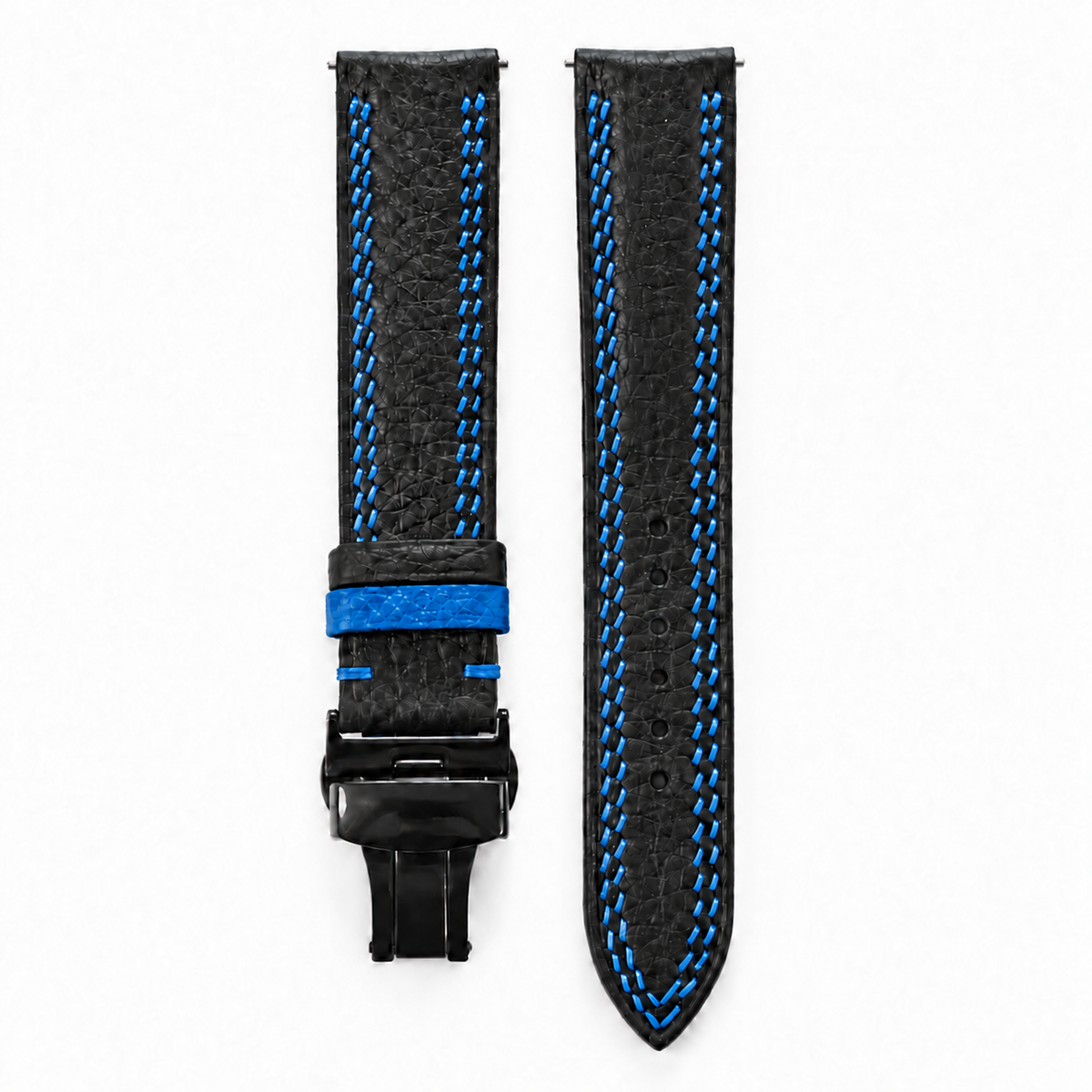Black Togo Blue Double Stitch Leather Watch Strap - hero