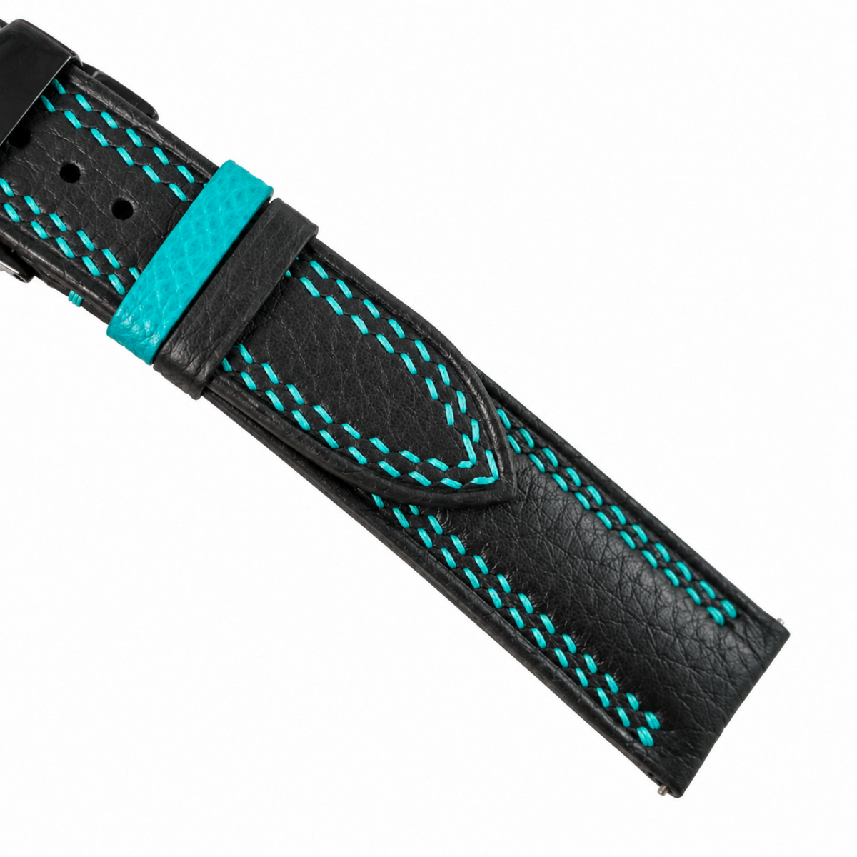 Black Togo Turquoise Double Stitch Leather Watch Strap - turquoise keeper detail