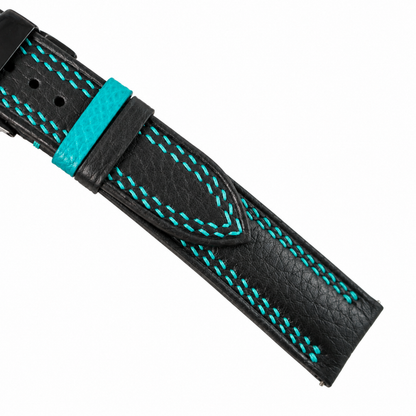 Black Togo Turquoise Double Stitch Leather Watch Strap - turquoise keeper detail