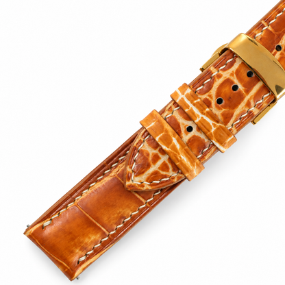 Cognac Patina Alligator Leather Watch Strap - keepers and clasp detail