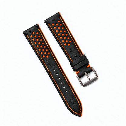 Black and Orange Racing Small Holes Ostrich Leather Watch Strap - racing holes orange underlay macro