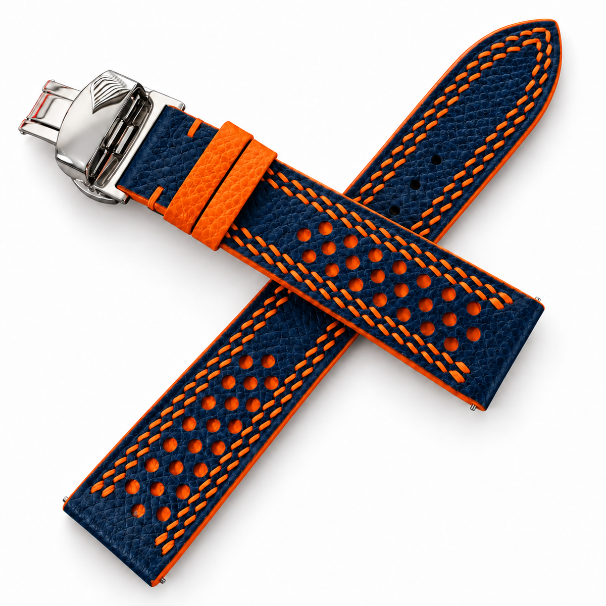 Navy and Orange Racing Holes Rally Epsom Leather Watch Strap - Orange Double Stitch - orange double stitch detail