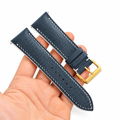 Dark Navy Epsom Leather Watch Strap - pebble grain white stitch macro
