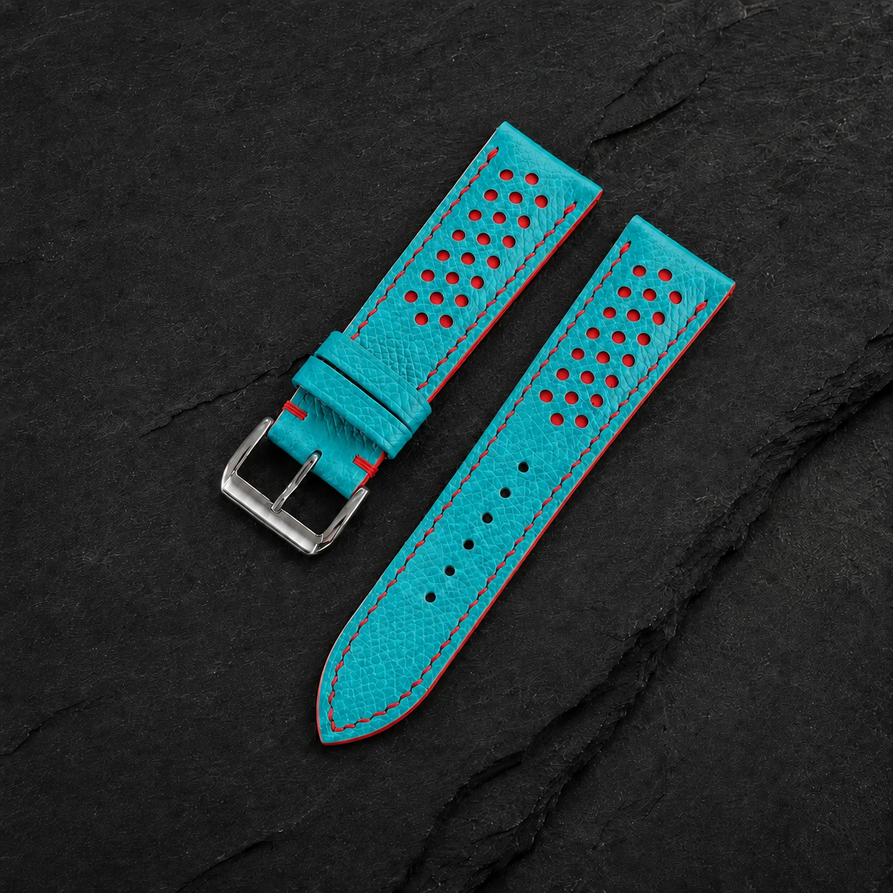 Turquoise and Red Racing Small Holes Rally Epsom Leather Watch Strap