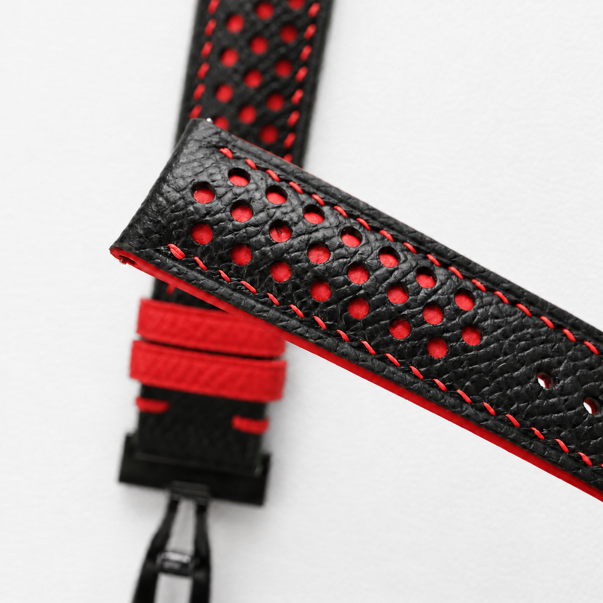 Black and Red Racing Holes Rally Epsom Leather Watch Strap - Red Keeper - side profile red stitch