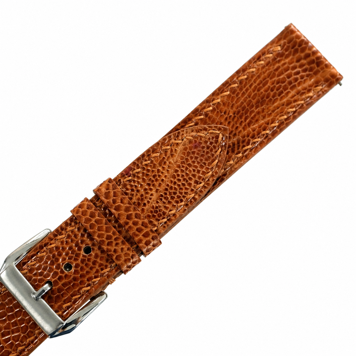 Golden cognac ostrich leg watch strap, long end texture detail