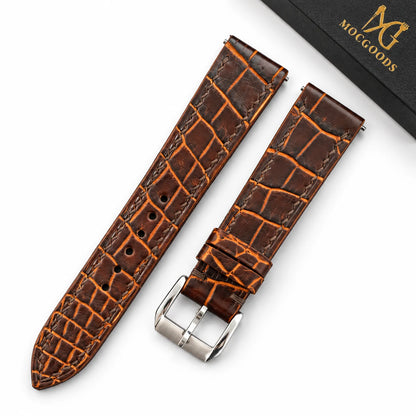 Patina Chocolate Brown Alligator Leather Watch Strap - full strap chocolate brown cognac patina scales