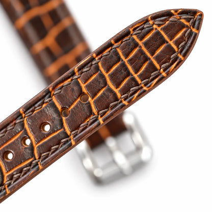 Patina Chocolate Brown Alligator Leather Watch Strap - alligator scale detail cognac highlights