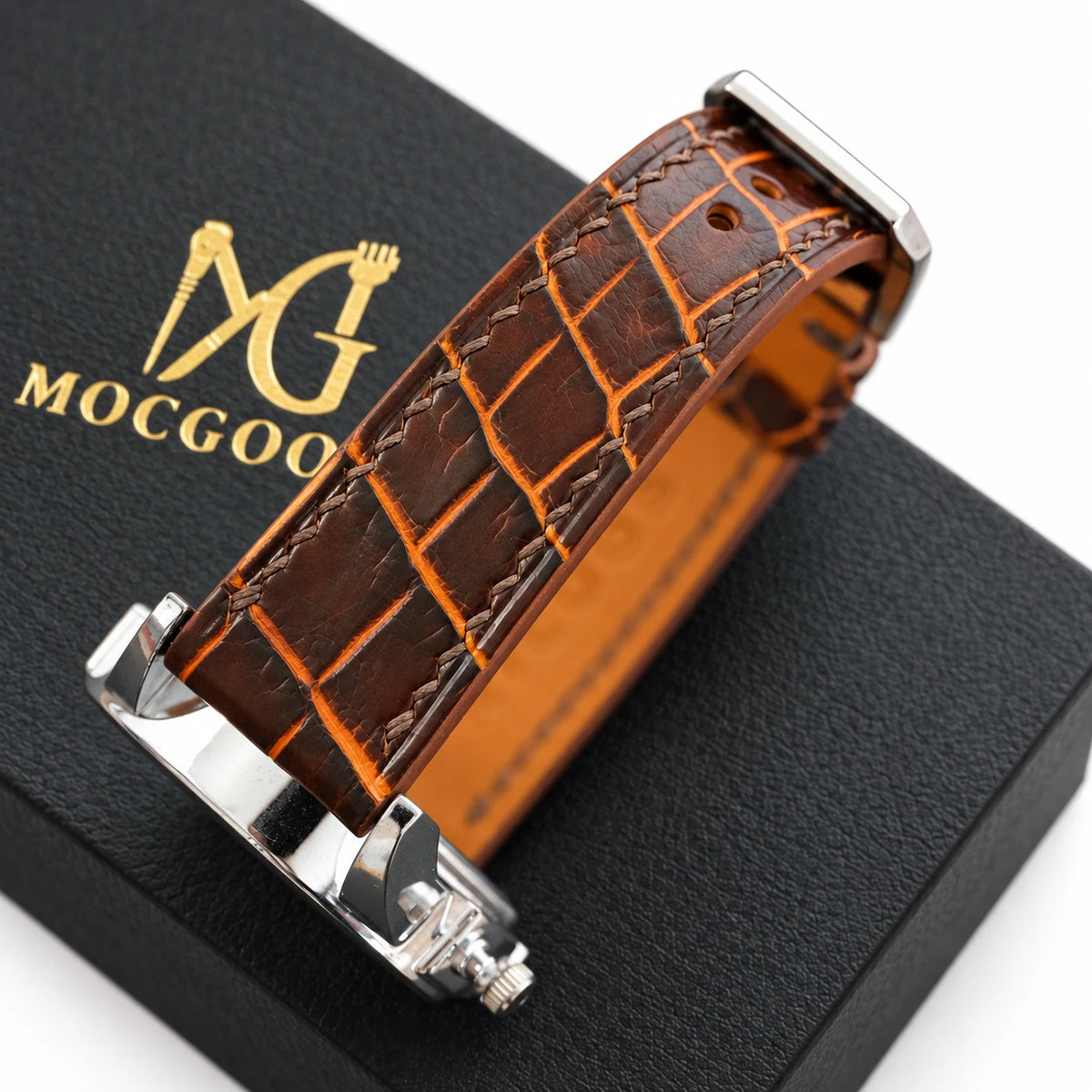 Patina Chocolate Brown Alligator Leather Watch Strap - packaged in Moc Goods gift box