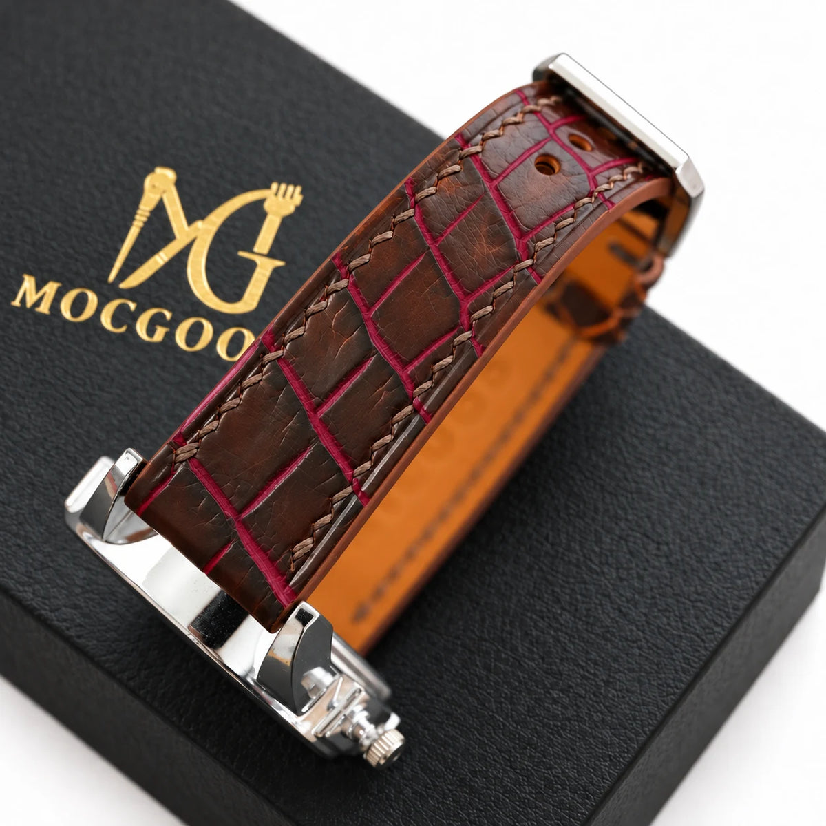 Patina Chocolate Brown Red Bordeaux Alligator Leather Watch Strap - full strap chocolate brown red bordeaux patina scales