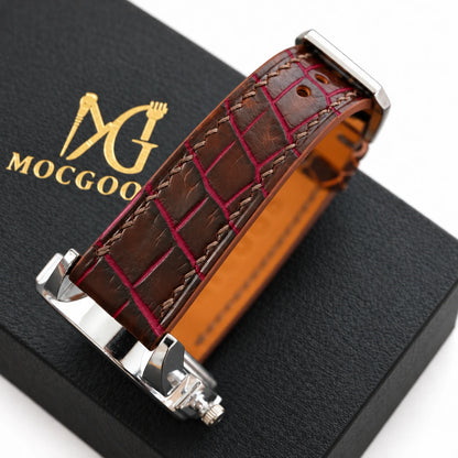 Patina Chocolate Brown Red Bordeaux Alligator Leather Watch Strap - full strap chocolate brown red bordeaux patina scales