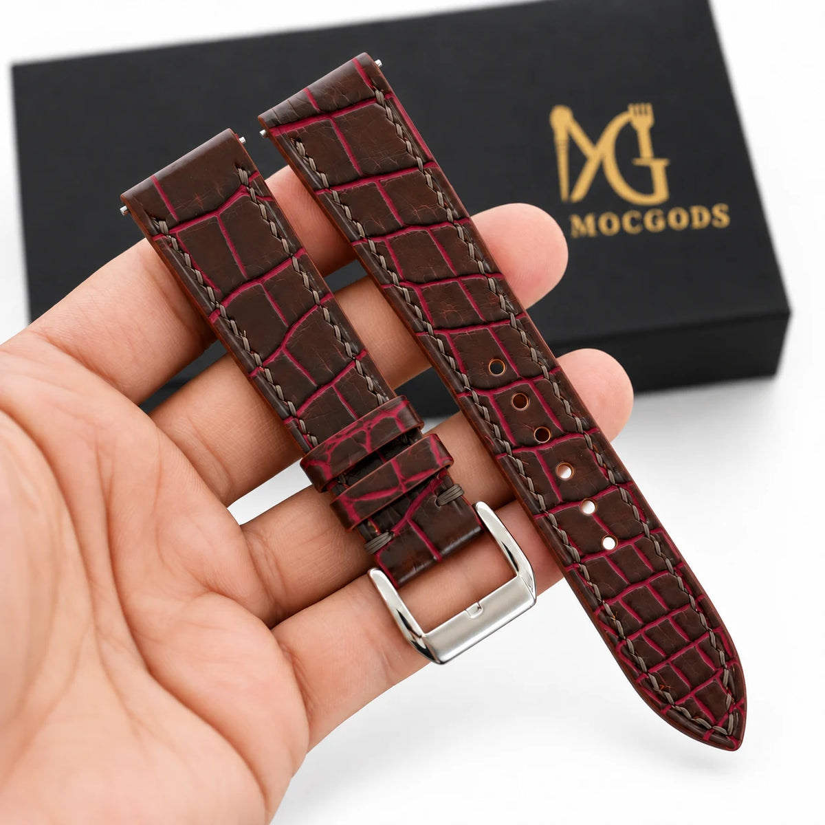 Patina Chocolate Brown Red Bordeaux Alligator Leather Watch Strap - alligator scale detail red bordeaux accents