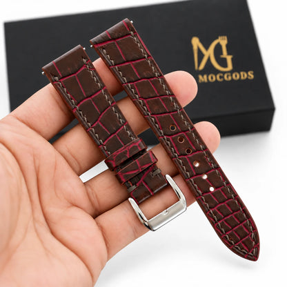 Patina Chocolate Brown Red Bordeaux Alligator Leather Watch Strap - alligator scale detail red bordeaux accents