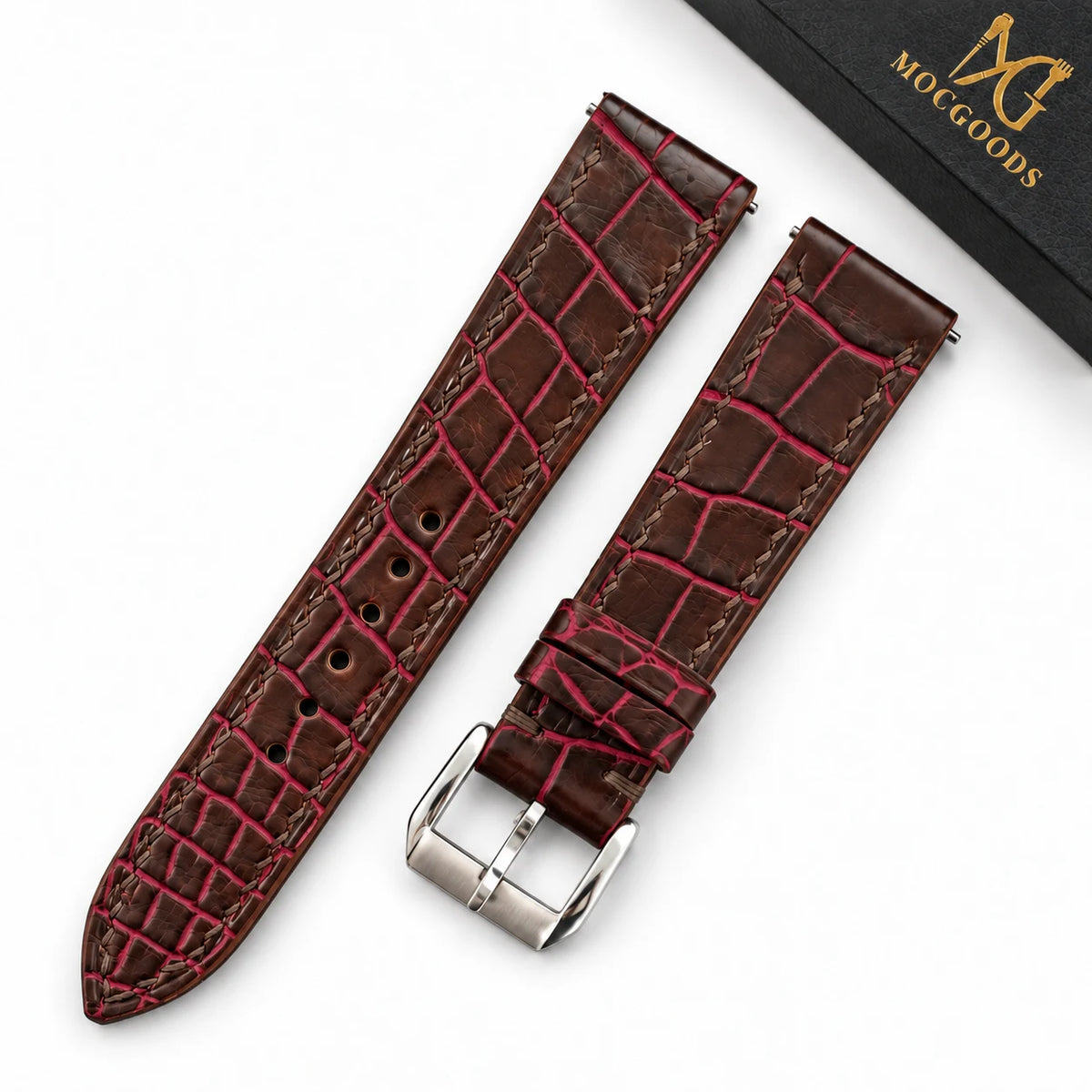 Patina Chocolate Brown Red Bordeaux Alligator Leather Watch Strap - side profile red bordeaux patina