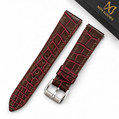 Patina Chocolate Brown Red Bordeaux Alligator Leather Watch Strap - side profile red bordeaux patina