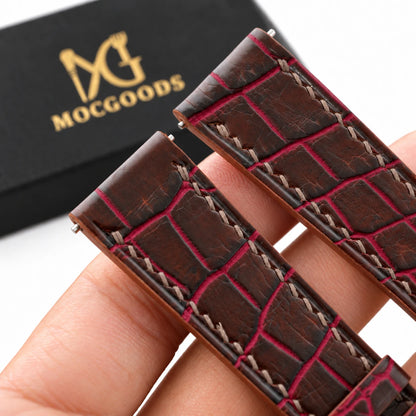 Patina Chocolate Brown Red Bordeaux Alligator Leather Watch Strap - in hand with Moc Goods gift box