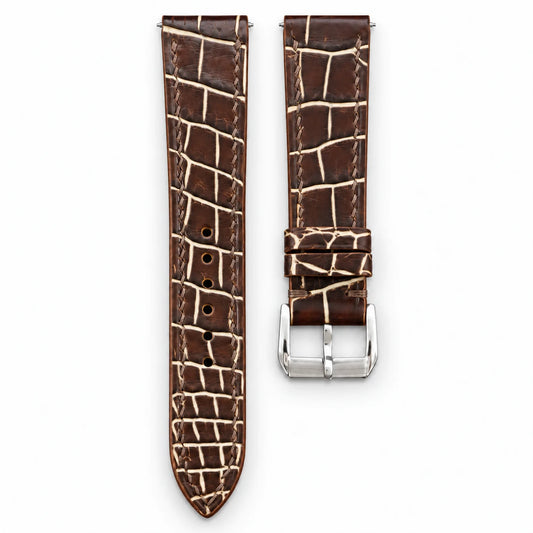 Patina Chocolate Brown Ivory Alligator Leather Watch Strap - hero