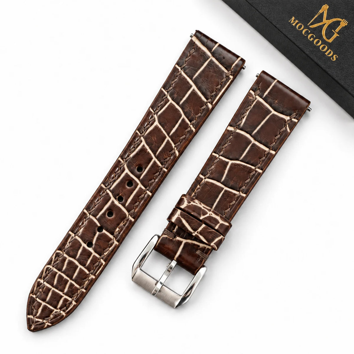 Patina Chocolate Brown Ivory Alligator Leather Watch Strap - full strap chocolate brown ivory patina scales