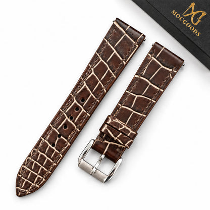 Patina Chocolate Brown Ivory Alligator Leather Watch Strap - full strap chocolate brown ivory patina scales