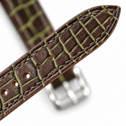 Patina Chocolate Brown Olive Alligator Leather Watch Strap - full strap chocolate brown olive patina scales