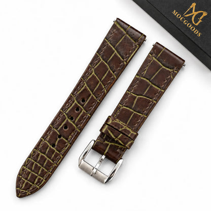 Patina Chocolate Brown Olive Alligator Leather Watch Strap - alligator scale detail olive accents