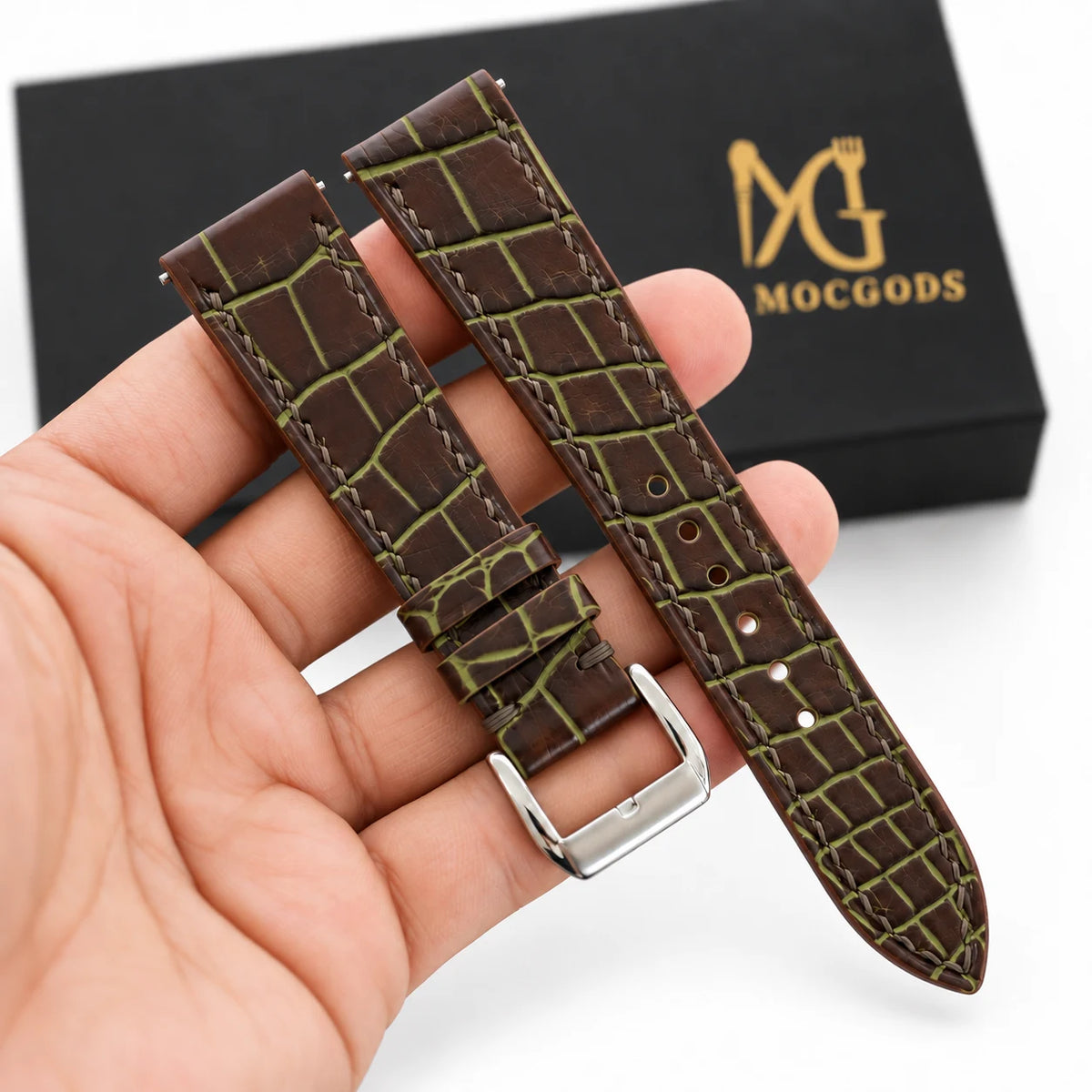 Patina Chocolate Brown Olive Alligator Leather Watch Strap - side profile olive patina