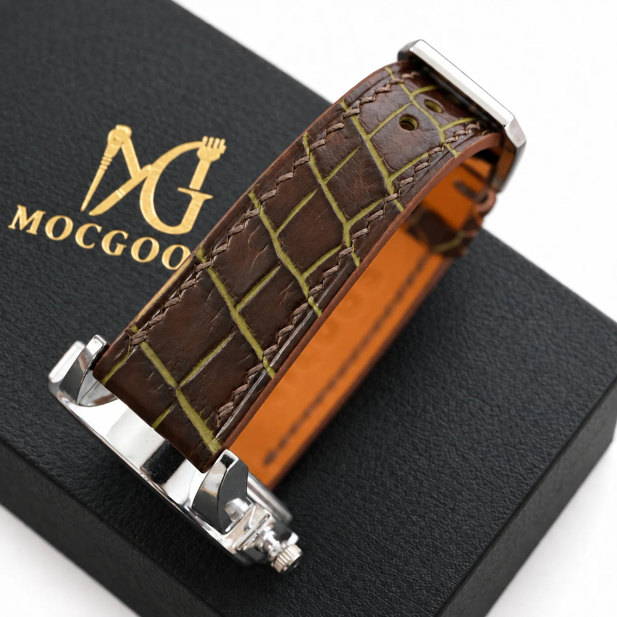 Patina Chocolate Brown Olive Alligator Leather Watch Strap - olive patina scale pattern macro