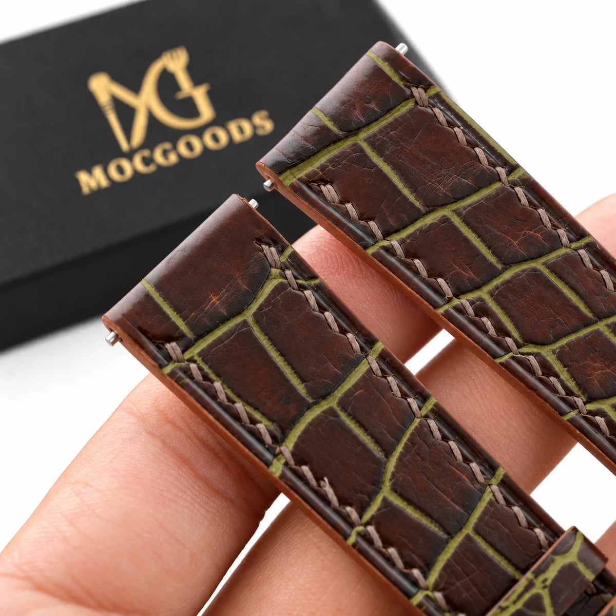 Patina Chocolate Brown Olive Alligator Leather Watch Strap - in hand with Moc Goods gift box