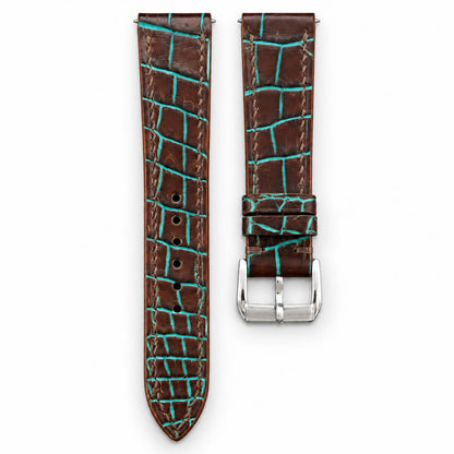 Patina Chocolate Brown Turquoise Alligator Leather Watch Strap - hero