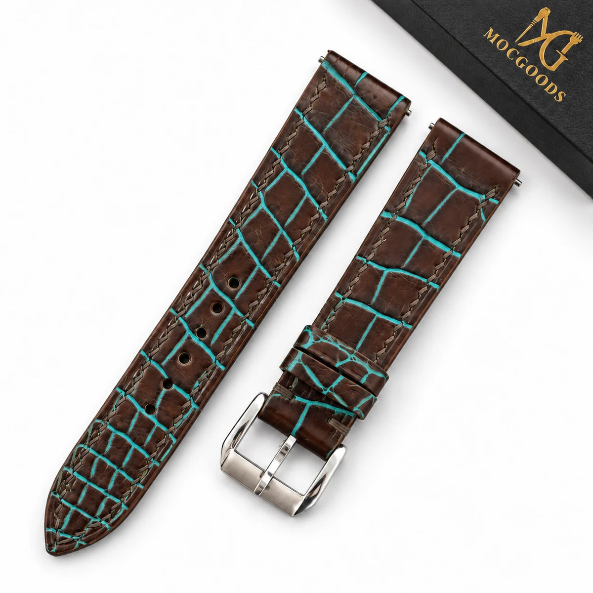Patina Chocolate Brown Turquoise Alligator Leather Watch Strap - full strap chocolate brown turquoise patina scales