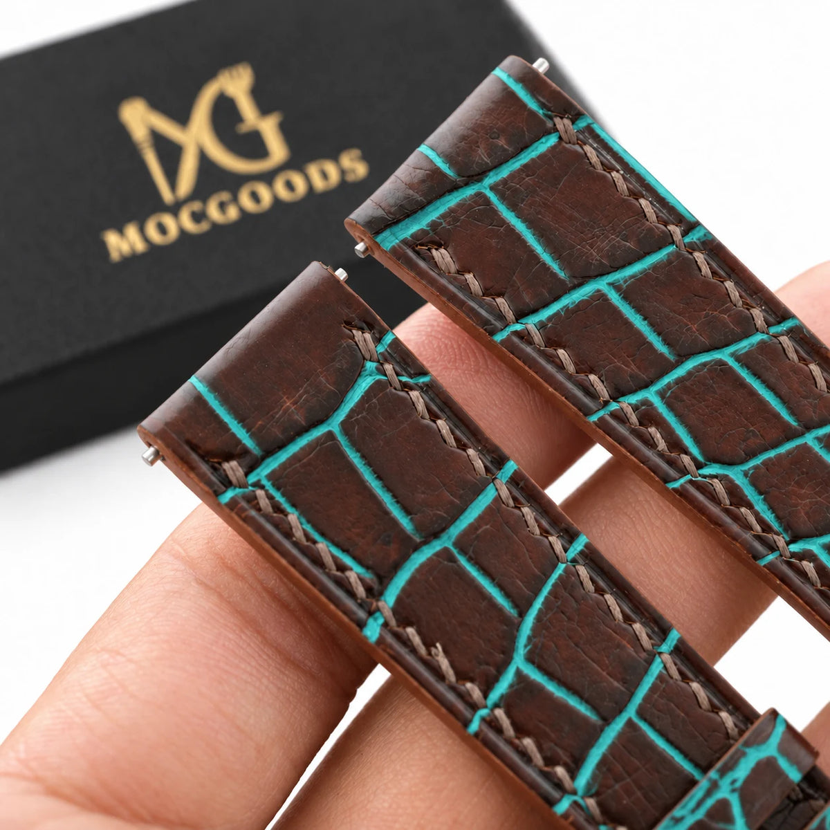Patina Chocolate Brown Turquoise Alligator Leather Watch Strap - alligator scale detail turquoise accents