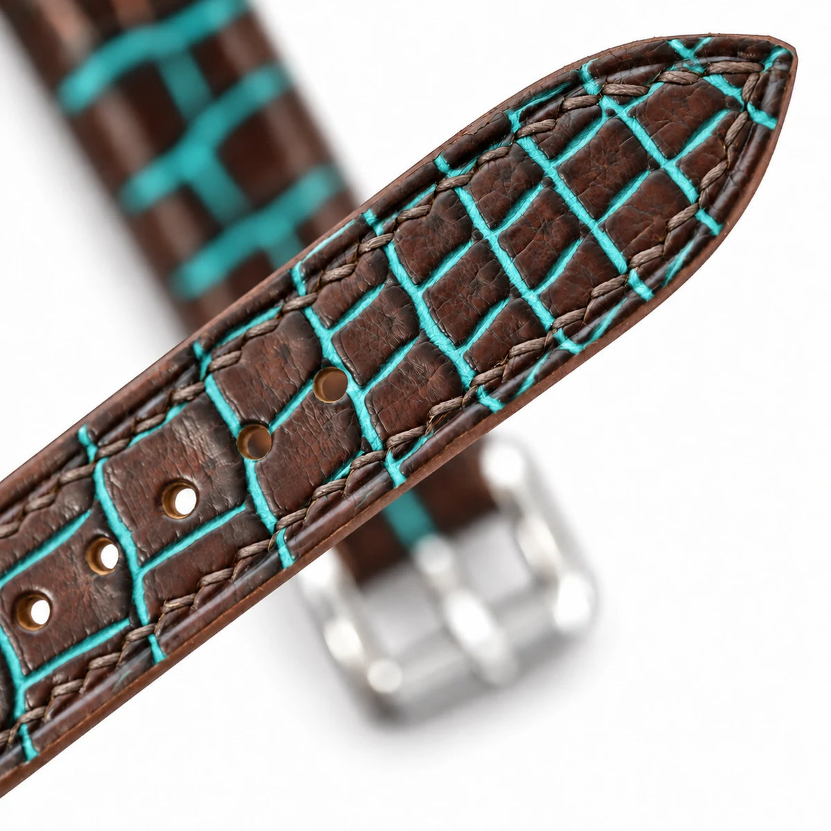 Patina Chocolate Brown Turquoise Alligator Leather Watch Strap - turquoise patina scale pattern macro