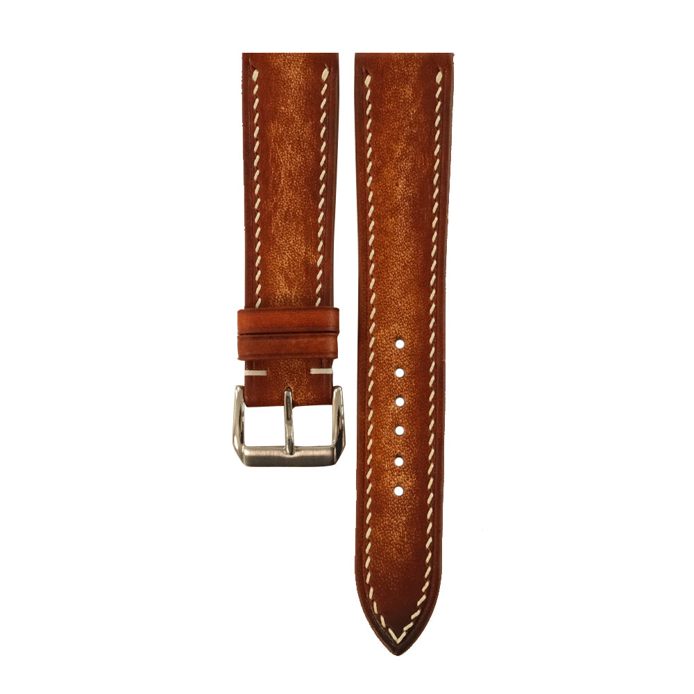 Flat Cognac Patina vegetable tanned leather watch strap - cream stitch