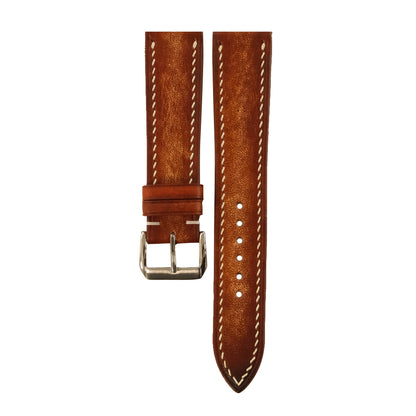 Flat Cognac Patina vegetable tanned leather watch strap - cream stitch