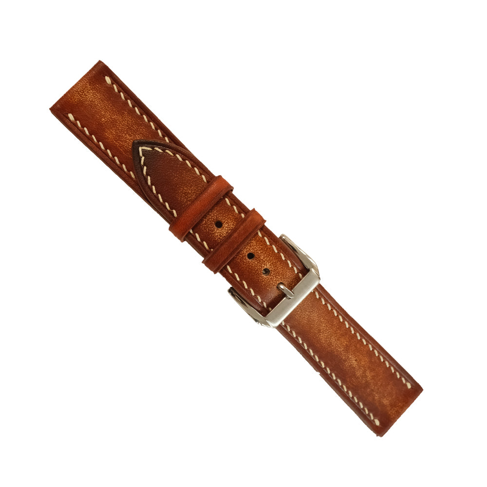 Cognac patina vegetable tanned leather watch strap detail