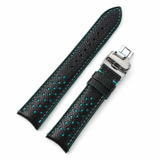 Curved End Black Turquoise Racing Holes Rally Epsom Leather Watch Strap - Photo 1