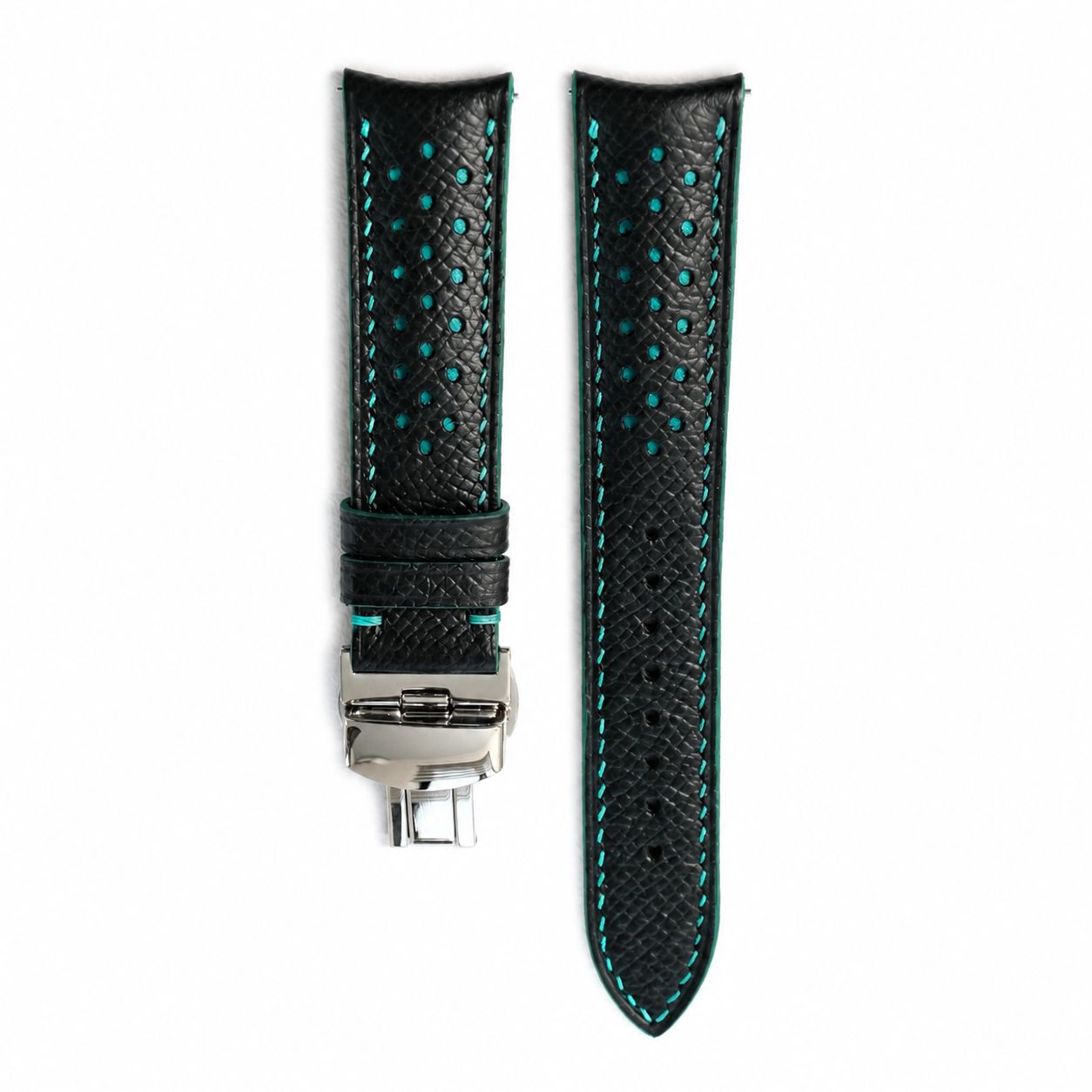 Curved End Black Turquoise Racing Holes Rally Epsom Leather Watch Strap - Photo 2